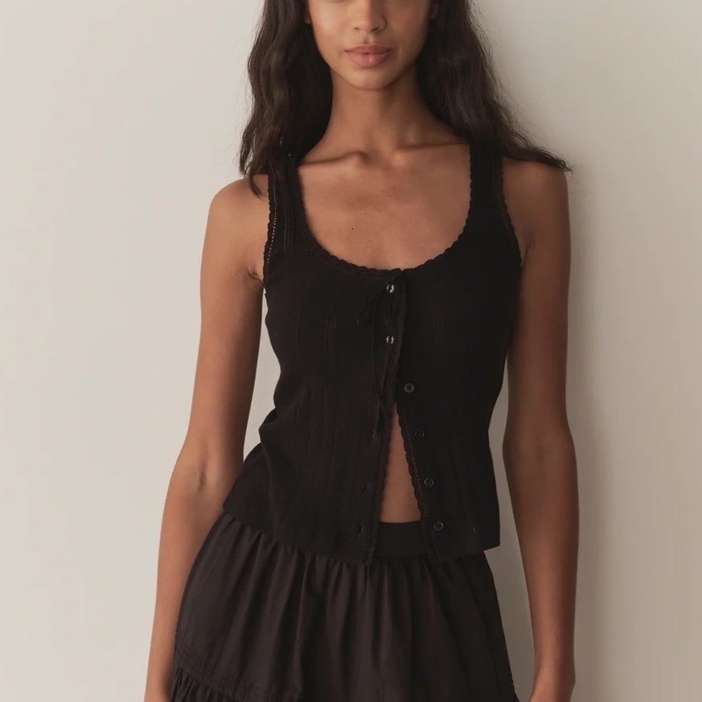 DOEN Lois Tank Women's XS Black Pointelle Button Front Cottagecore Top